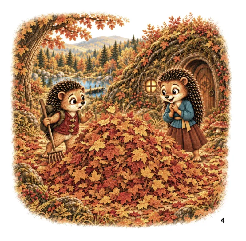 Buchseite 4: Willi mit seinem Rechen und Lotti im blauen Oberteil stehen vor dem großen Laubhaufen und schauen ihn verwundert an.