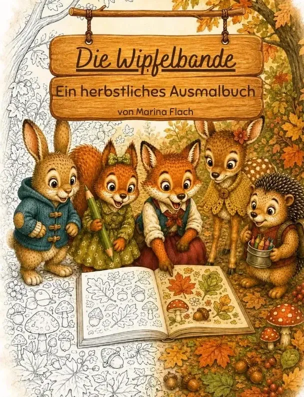 Buchcover: Timo der Hase, Polly das Eichhörnchen, Frieda die Füchsin, Milla das Rehkitz und Willi der Igel knien um ein aufgeschlagenes Ausmalbuch, dessen linke Seite noch unbemalt ist und dessen rechte Seite in Herbstfarben leuchtet. Auf einem Holzschild steht „Die Wipfelbande — Ein herbstliches Ausmalbuch, von Marina Flach".