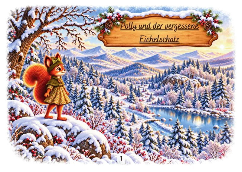 Buchseite 1: Polly steht auf einem verschneiten Hügel und schaut über das winterliche Wipfeltal mit Tannen, einem blauen See und Bergen. Darüber hängt ein Holzschild mit dem Titel „Polly und der vergessene Eichelschatz".