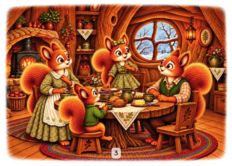 Buchseite 3: Die Eichhörnchenfamilie sitzt in der warmen Baumhöhle am runden Frühstückstisch. Polly ist aufgestanden und legt nachdenklich die Pfote ans Kinn, Mama, Papa und der kleine Pino schauen sie an. Im Ofen brennt ein Feuer, durch das runde Fenster sieht man verschneite Äste.