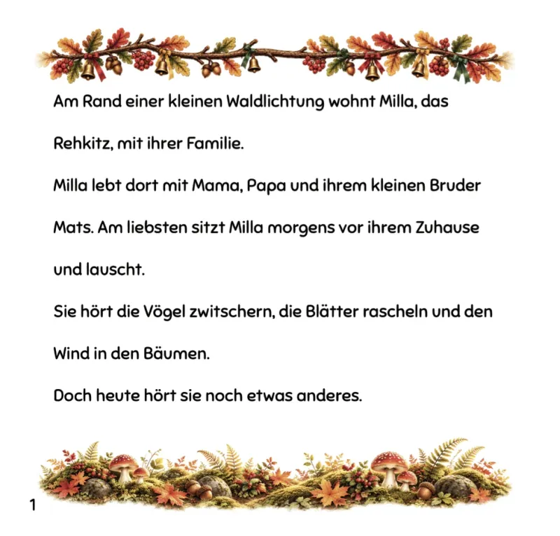 Buchseite 1: „Am Rand einer kleinen Waldlichtung wohnt Milla, das Rehkitz, mit ihrer Familie." Am liebsten sitzt Milla morgens vor ihrem Zuhause und lauscht — doch heute hört sie noch etwas anderes.