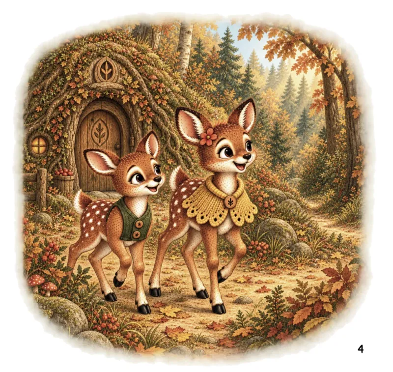 Buchseite 4: Milla und Mats laufen Seite an Seite vom Zuhause der Rehfamilie in den herbstlichen Wald, beide mit neugierigem Blick.