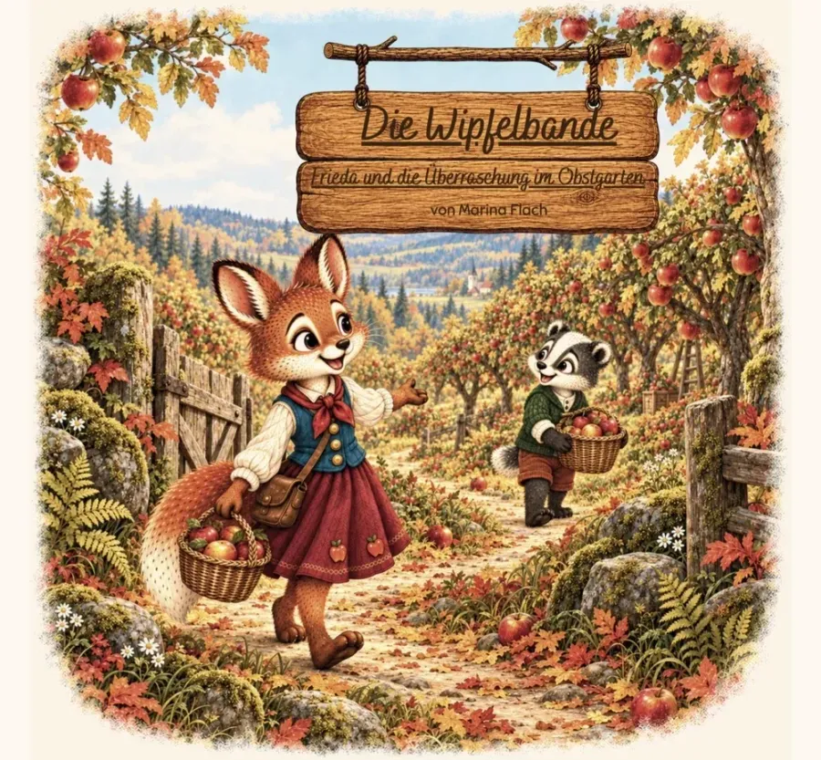 Buchcover: Frieda, die kleine Füchsin in blauer Weste, heller Bluse, rotem Halstuch und rotem Rock mit aufgestickten Äpfeln, geht mit Umhängetasche und einem Korb voller Äpfel durch ein offenes Holztor in den Obstgarten. Weiter hinten kommt ihr Benni, der Dachs, mit einem Apfelkorb entgegen. Auf einem Holzschild darüber steht „Die Wipfelbande — Frieda und die Überraschung im Obstgarten, von Marina Flach".