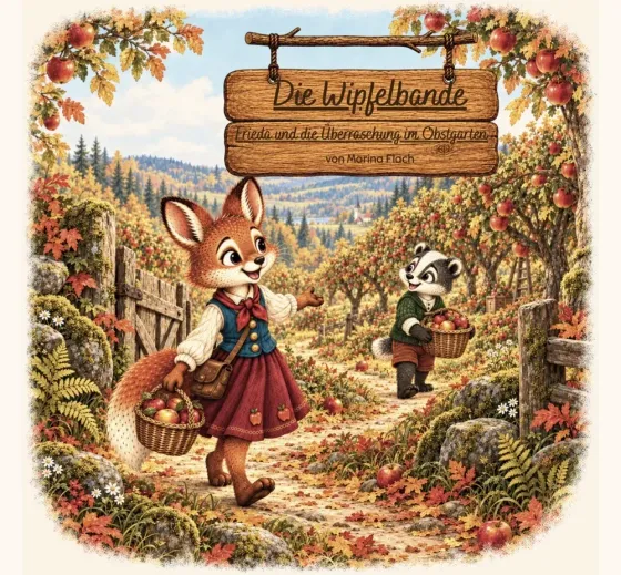 Buchcover: Frieda, die kleine Füchsin in blauer Weste, heller Bluse, rotem Halstuch und rotem Rock mit aufgestickten Äpfeln, geht mit Umhängetasche und einem Korb voller Äpfel durch ein offenes Holztor in den Obstgarten. Weiter hinten kommt ihr Benni, der Dachs, mit einem Apfelkorb entgegen. Auf einem Holzschild darüber steht „Die Wipfelbande — Frieda und die Überraschung im Obstgarten, von Marina Flach".