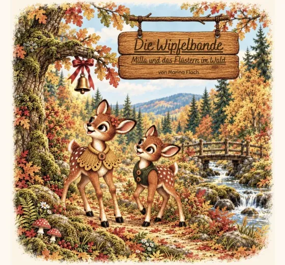 Buchcover: Milla, das Rehkitz mit gehäkeltem senfgelbem Umhang und einer Blüte hinter dem Ohr, läuft mit ihrem kleinen Bruder Mats in grüner Weste über einen herbstlichen Waldweg. Beide schauen hinauf zu einem Glöckchen mit roter Schleife, das an einem Eichenast hängt. Im Hintergrund fließt ein Bach unter einer Holzbrücke. Auf einem Holzschild steht „Die Wipfelbande — Milla und das Flüstern im Wald, von Marina Flach".