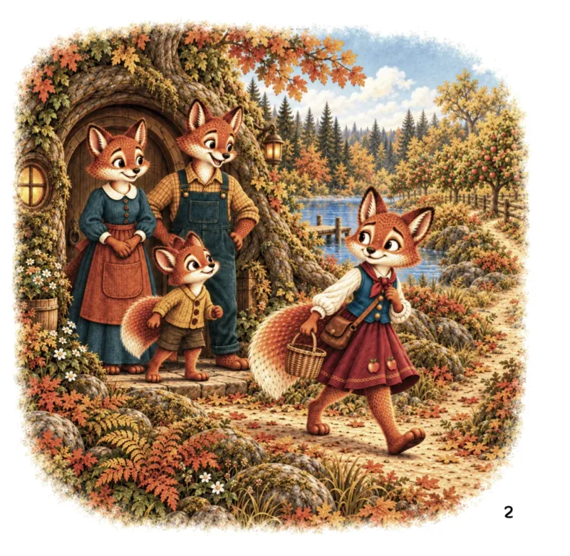 Buchseite 2: Frieda geht mit Korb und Umhängetasche den Weg entlang. In der Tür des Fuchsbaus unter einer alten Eiche schauen ihr Mama, Papa und ihr kleiner Bruder Fiete nach, dahinter liegt ein See.