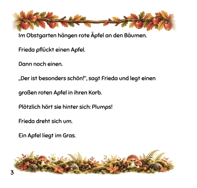 Buchseite 3: „Im Obstgarten hängen rote Äpfel an den Bäumen." Frieda pflückt Äpfel, bis sie hinter sich ein Plumps hört und sich umdreht — ein Apfel liegt im Gras.