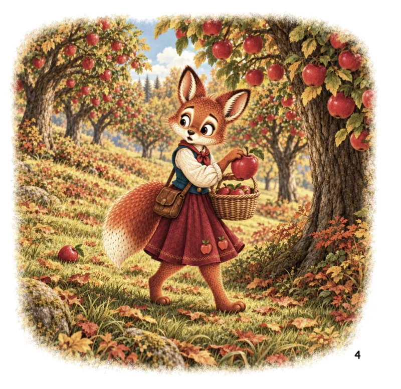 Buchseite 4: Frieda legt im Obstgarten einen roten Apfel in ihren Korb. Hinter ihr liegt ein heruntergefallener Apfel im Gras.