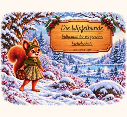 Buchcover: Polly, das Eichhörnchen mit grüner Strickmütze, grünem Umhang und geblümtem Kleid, stapft mit einem Korb voller Nüsse durch das verschneite Wipfeltal. Ringsum stehen verschneite Tannen und Büsche mit roten Beeren, dahinter liegen ein See und Berge. Auf einem Holzschild mit Tannenzweigen und Zapfen steht „Die Wipfelbande — Polly und der vergessene Eichelschatz, von Marina Flach".