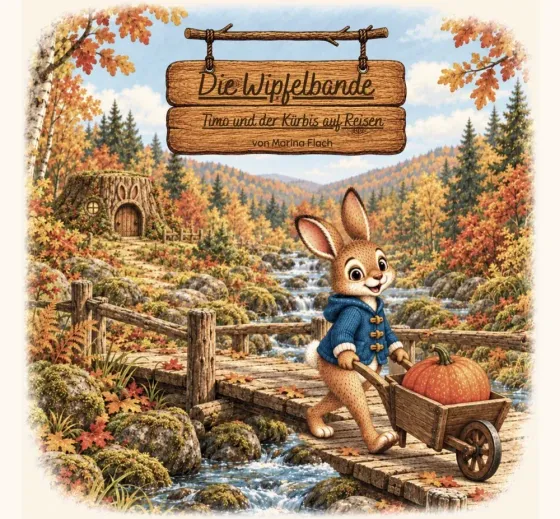 Buchcover: Timo, der kleine Hase in blauer Strickjacke, schiebt eine hölzerne Schubkarre mit einem großen orangefarbenen Kürbis über eine Holzbrücke. Unter der Brücke rauscht ein Bach, im Hintergrund steht zwischen bunten Herbstbäumen ein Baumstumpf mit runder Tür und zwei geschnitzten Hasenohren. Auf einem Holzschild steht „Die Wipfelbande — Timo und der Kürbis auf Reisen, von Marina Flach".