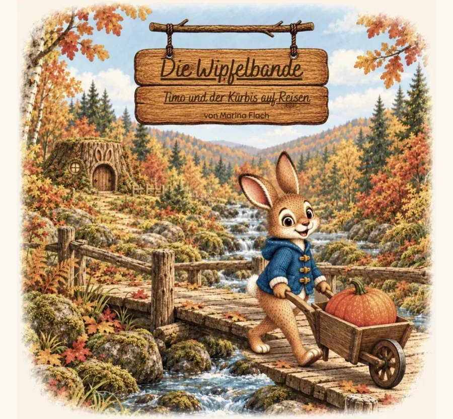 Buchcover: Timo, der kleine Hase in blauer Strickjacke, schiebt eine hölzerne Schubkarre mit einem großen orangefarbenen Kürbis über eine Holzbrücke. Unter der Brücke rauscht ein Bach, im Hintergrund steht zwischen bunten Herbstbäumen ein Baumstumpf mit runder Tür und zwei geschnitzten Hasenohren. Auf einem Holzschild steht „Die Wipfelbande — Timo und der Kürbis auf Reisen, von Marina Flach".