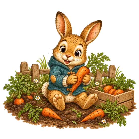 Timo, der Hase, sitzt in einer blauen Strickjacke in einem Gemüsebeet und hält eine große Karotte in den Pfoten. Neben ihm steht eine Holzkiste voller Möhren, dahinter ein Gartenzaun.