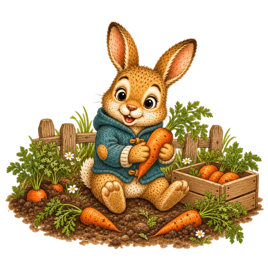 Timo, der Hase, sitzt in einer blauen Strickjacke in einem Gemüsebeet und hält eine große Karotte in den Pfoten. Neben ihm steht eine Holzkiste voller Möhren, dahinter ein Gartenzaun.