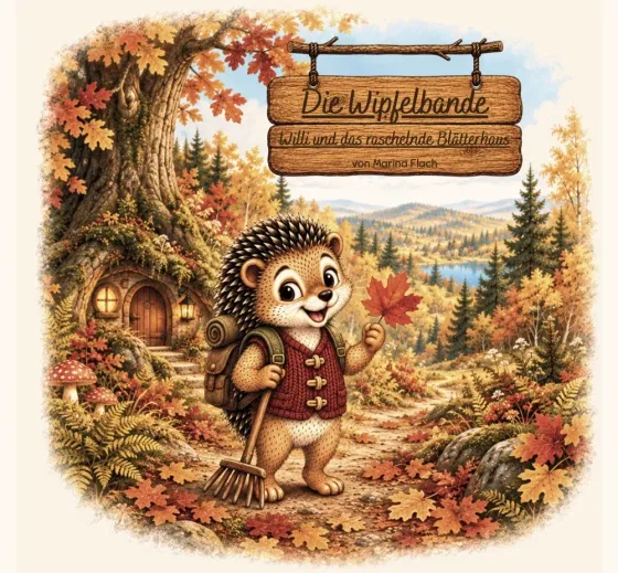 Buchcover: Willi, der kleine Igel in roter Strickweste, steht mit Rucksack und Laubrechen auf einem herbstlichen Waldweg und hält ein rotes Ahornblatt hoch. Links steht eine alte Eiche mit erleuchteter Tür und Fenster im Stamm, im Hintergrund liegt ein See zwischen bewaldeten Hügeln. Auf einem Holzschild steht „Die Wipfelbande — Willi und das raschelnde Blätterhaus, von Marina Flach".