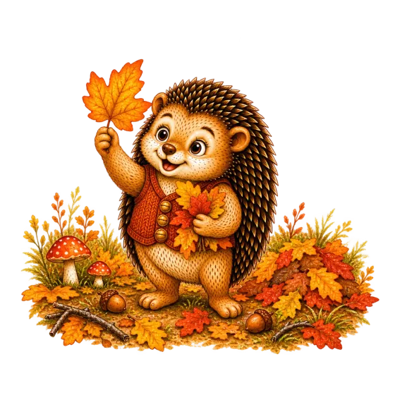 Willi, der Igel, steht in einer rostroten Strickweste im Herbstlaub. In einer Pfote hält er ein leuchtendes Ahornblatt in die Höhe, im anderen Arm einen ganzen Strauß bunter Blätter.