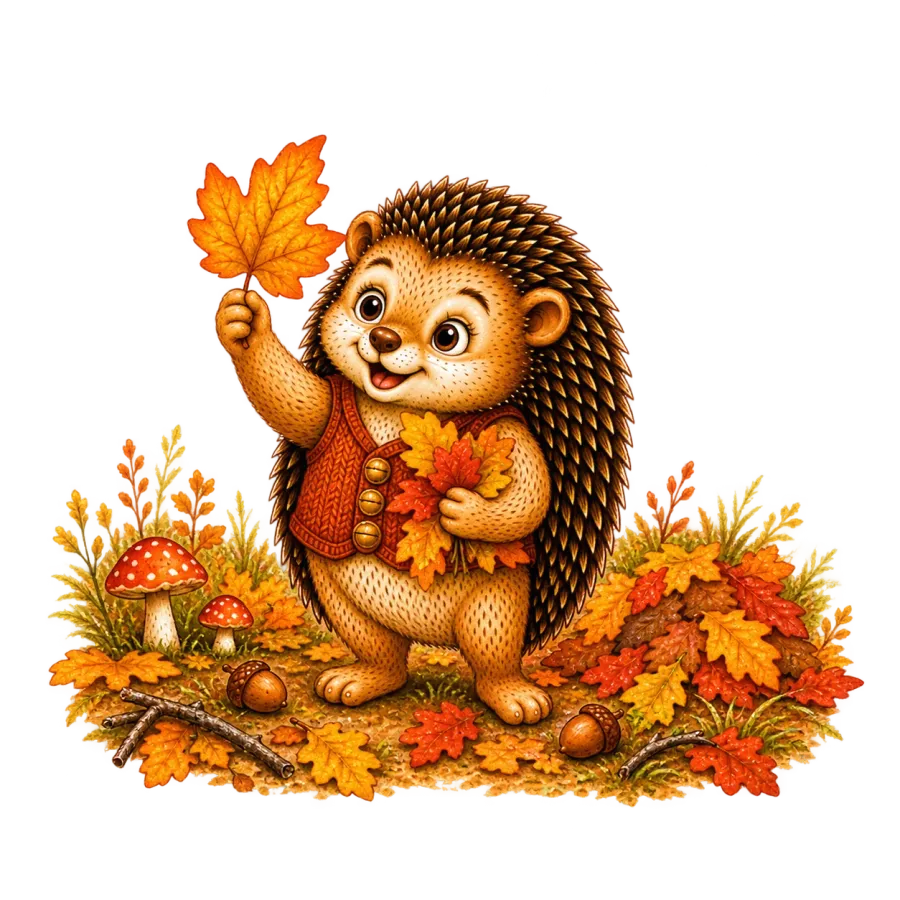 Willi, der Igel, steht in einer rostroten Strickweste im Herbstlaub. In einer Pfote hält er ein leuchtendes Ahornblatt in die Höhe, im anderen Arm einen ganzen Strauß bunter Blätter.